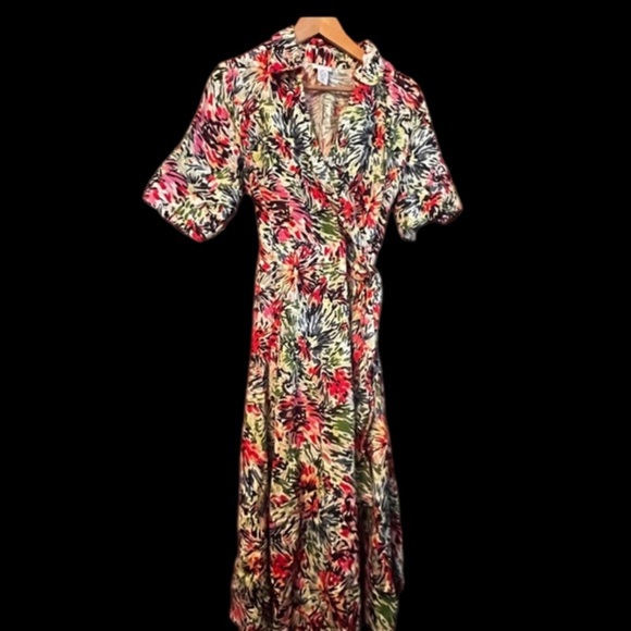 Vtg JG HOOK Dress 100% Linen Faux Wrap Belted Red Multicolor Sz 8P Floral Classy - Picture 5 of 11